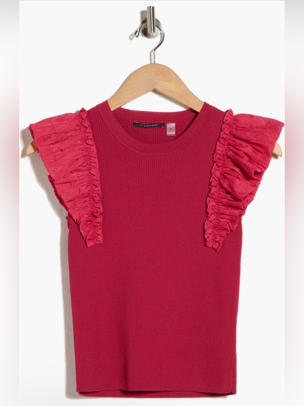 T Tahari Raspberry Ruffled Shoulder Ribbed Tank - Picture 3 of 3